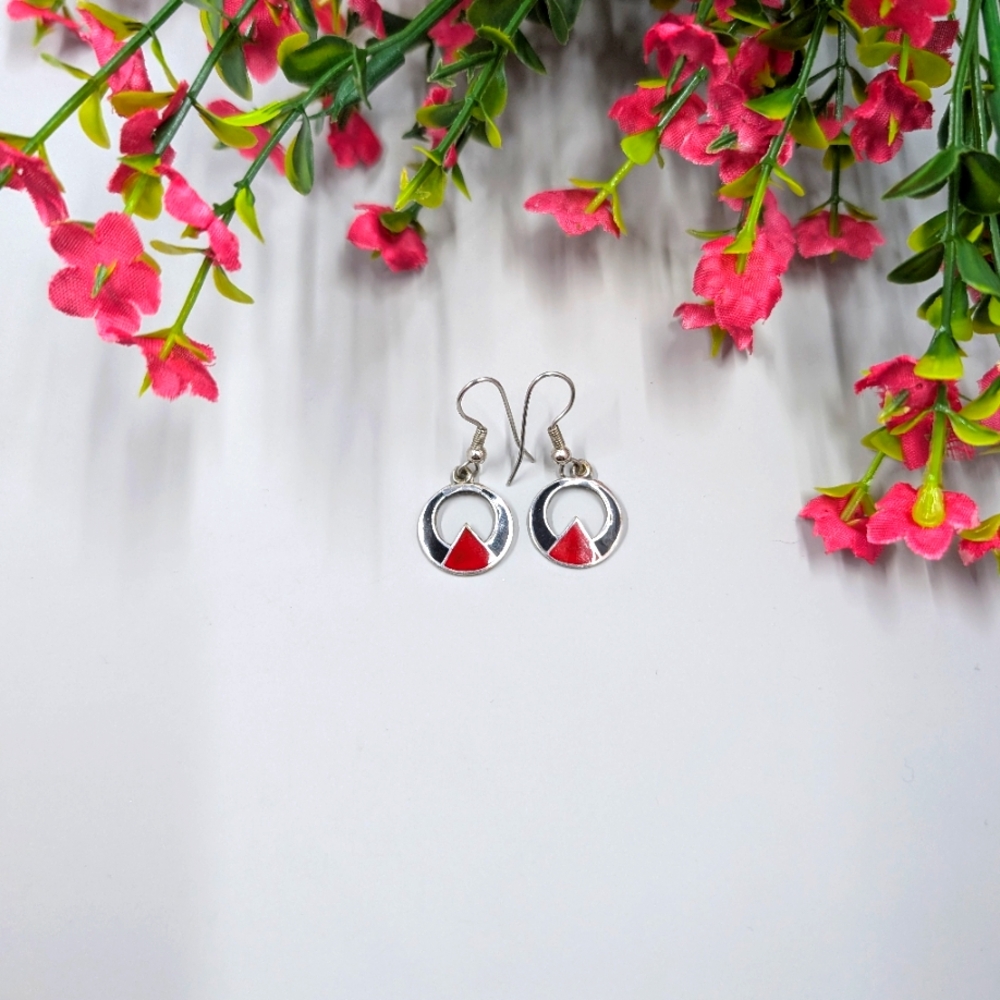 925 Sterling Silver Vintage Red And Black Drop Earrings